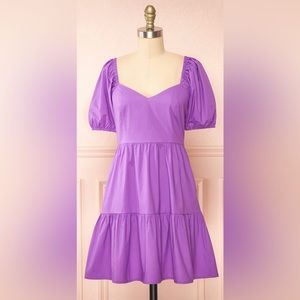 Short Tiered Purple Dress with Puffy Sleeves and Back Bow Tie